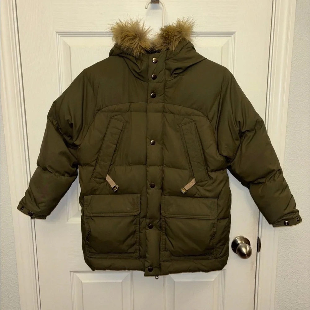 Olive Green Puffer Jacket with Faux Fur Hood